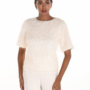 259739 Vanilla Fringe and Rhinestone Short S Sweater by FRANK LYMAN